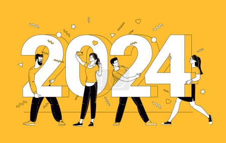 Illustration for Flat design cartoon style New Year vector concept. Preparing to meet 2024 new year. People building the numbers 2024. Company team are preparing to meet the new year. - Royalty Free Image