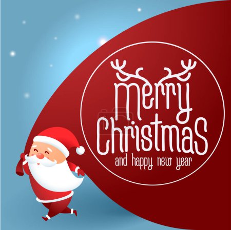 Ilustración de Santa Claus con una bolsa enorme en la carrera a los regalos de Navidad de entrega. Diseño plano Feliz Navidad tarjeta de felicitación vector un concepto para banner, aterrizaje y aplicación móvil. - Imagen libre de derechos
