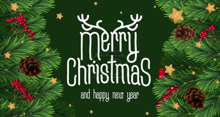 Photo for Christmas and New year vector template with christmas tree branches, stars, cones and holly berries on venge dark wood background. - Royalty Free Image