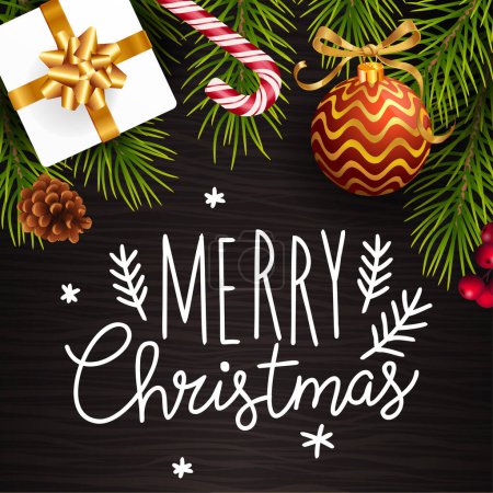 Photo for Christmas and New year vector template with christmas tree branches, stars, cones and holly berries on venge dark wood background. - Royalty Free Image