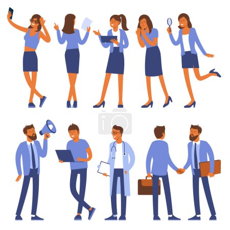 Illustration for Flat design vector collection young man and woman poses and activityes for web page and mobile app. - Royalty Free Image