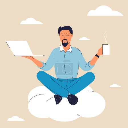 Illustration for Meditating business man levitating in the clouds. Keep calm. Flat cartoon vector character illustration. - Royalty Free Image
