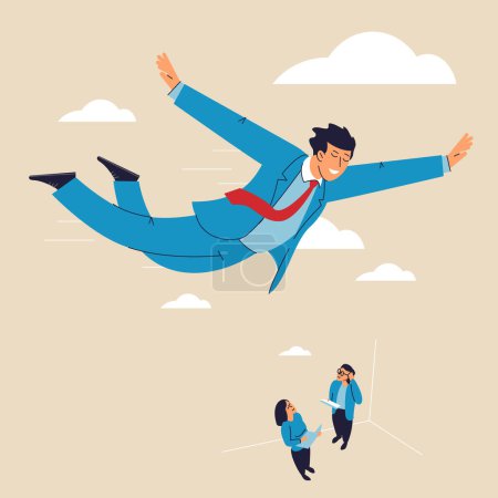 Illustration for Man flying, floating in air. Overcome difficulty, courage and bravery business, free fly in the sky with motivation to success. Enthusiasm vector concept. - Royalty Free Image