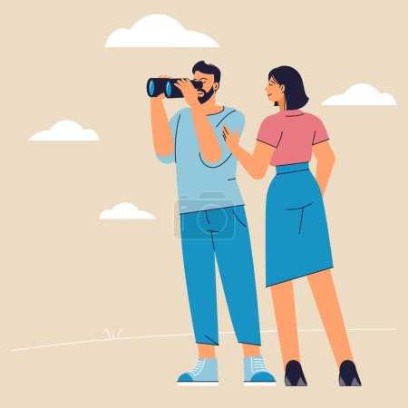 Photo for Man looking through binoculars and a woman woman is pointing the direction. Business metaphor for search or web surfing and development. - Royalty Free Image