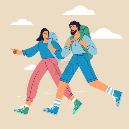 Photo for Young couple traveling together with backpacks. Flat design vector concept. - Royalty Free Image