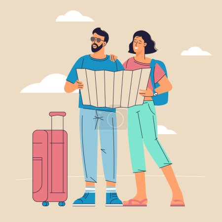 Photo for Tourists couple go sightseeing with map. Travel, vacation and adventure flat design vector concept. - Royalty Free Image