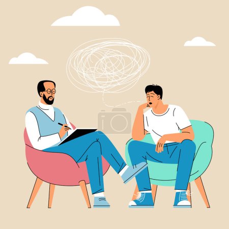 Illustration for Psychologist an patient. Couple talking, flat characters sitting on chairs. Psychotherapy session or psychological consultation. Sad frustrated guy vector character - Royalty Free Image