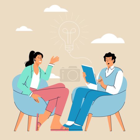Photo for Psychologist an patient. Couple talking, flat characters sitting on chairs. Psychotherapy session or psychological consultation. Sad frustrated guy vector character - Royalty Free Image