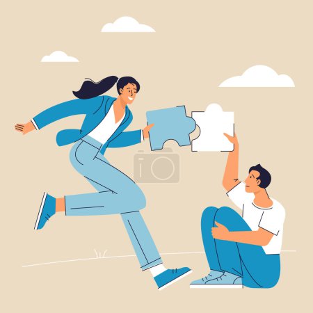 Illustration for Overcome couple relationship problem. Communication link and puzzle pieces connection as solution for settlement. Flat vector illustration. - Royalty Free Image