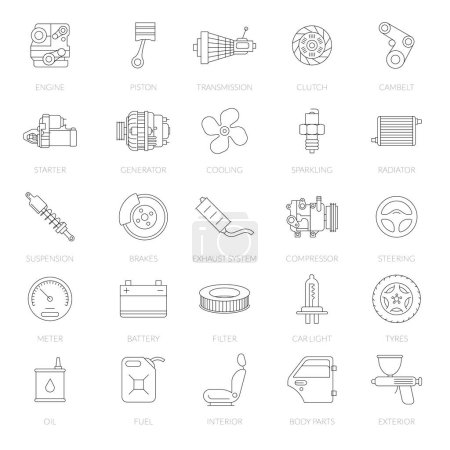 Illustration for Car service thin line vector icon set. Car parts and systems pictogram collection. - Royalty Free Image