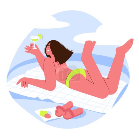 Ilustración de Chica en un resort de playa disfrutando con un cóctel. Tiempo de verano, vacaciones, vacaciones, diseño plano vector carácter ilustración de dibujos animados. - Imagen libre de derechos