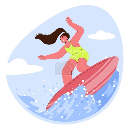 Ilustración de Linda mujer divertida en traje de baño surfeando en el mar o el océano. Disfrutando de la hora de verano, vacaciones, vacaciones, ilustración de dibujos animados de vectores de diseño plano. Playa de verano y actividades náuticas. - Imagen libre de derechos