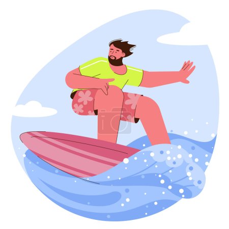 Illustration for Cute funny guy in swimwear surfing in sea or ocean. Enjoying summer time, vacation, holidays, flat design vector character cartoon illustration. Summer beach and water sport activities. - Royalty Free Image