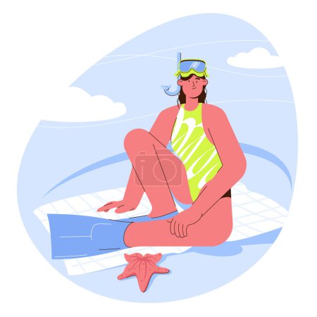 Illustration for Young woman with snorkeling mask and flippers at sea shore. Underwater sea marine sport. Enjoying summer time, vacation, holidays, flat design vector character cartoon illustration. - Royalty Free Image