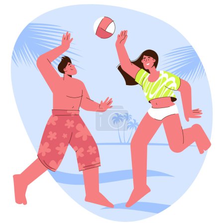 People playing beach volleyball on sand in summer. Team sports game. Enjoying summer time, vacation, holidays, flat design vector character cartoon illustration.