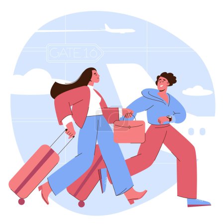 Photo for Young couple is running in rush to boarding with suitcase in the airport terminal. Flat design travel and vacation vector concept. - Royalty Free Image