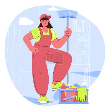 Illustration for Professional cleaning characters flat vector illustration. Cartoon cleaning team washing, holding stuff, removing dust. Clean service and concept - Royalty Free Image