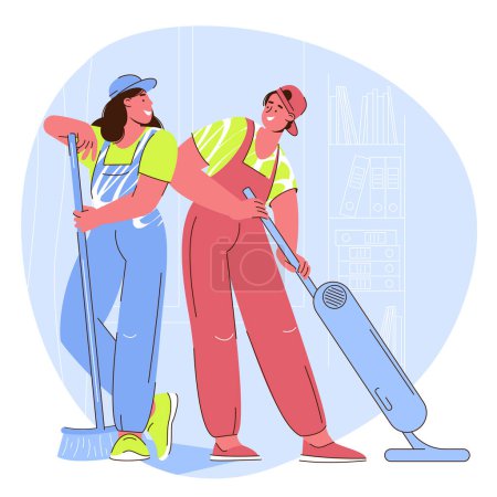 Photo for Professional cleaning characters flat vector illustration. Cartoon cleaning team washing, holding stuff, removing dust. Clean service and concept - Royalty Free Image