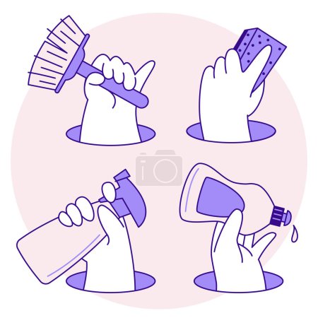 Photo for Cleaning service icons, design elements and symbols. Hands in rubber gloves with scraper, brush and detergent. Cartoon flat vector illustration - Royalty Free Image
