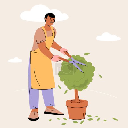 Illustration for Gardener working in garden. Landscape designer in blue pruning or trimming green tree and shrub with shears for gardening and landscape design. - Royalty Free Image