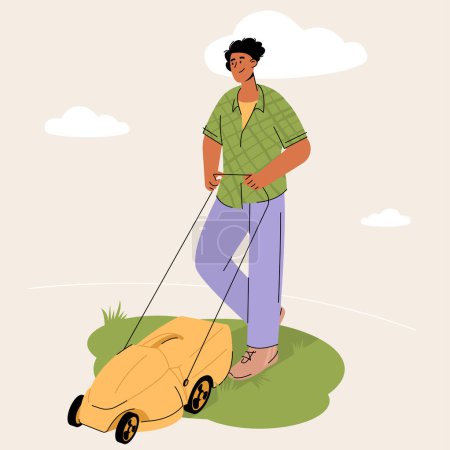 Illustration for Gardener with lawn mower cuts grass on the lawn. Garden works and equipment. People gardening. Flat vector characters illustration. - Royalty Free Image