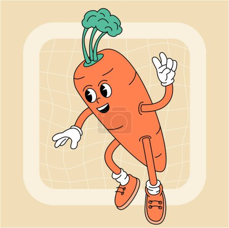 Vintage groovy carrot character. Fruits and vegetables retro comic collection for poster and sticker design. Retro character, hippie 70s style.