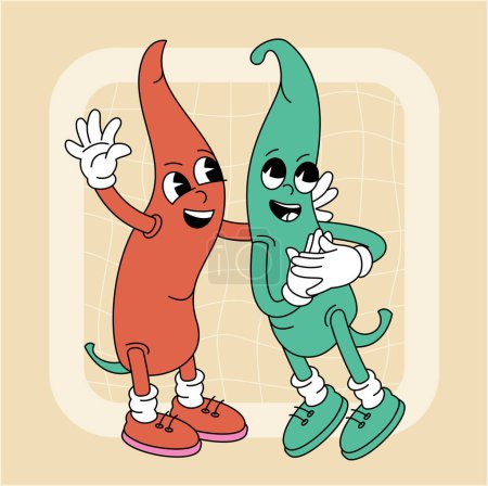 Illustration for Vintage groovy hot chili pepper character. Fruits and vegetables retro comic collection for poster and sticker design. Retro character, hippie 70s style. - Royalty Free Image