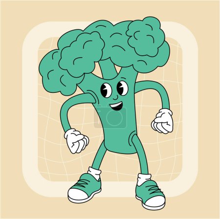 Vintage groovy broccoli character. Fruits and vegetables retro comic collection for poster and sticker design. Retro character, hippie 70s style.