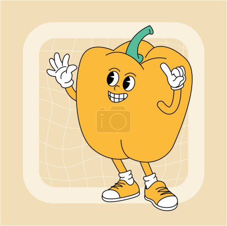Vintage groovy paprika character. Fruits and vegetables retro comic collection for poster and sticker design. Retro character, hippie 70s style.