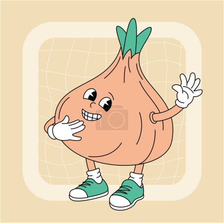 Illustration for Vintage groovy onion character. Fruits and vegetables retro comic collection for poster and sticker design. Retro character, hippie 70s style. - Royalty Free Image