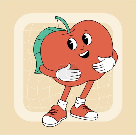 Ilustración de Vintage personaje de manzana estupenda. Colección de cómics retro de frutas y verduras para el diseño de pósters y pegatinas. Personaje retro, estilo hippie de los 70. - Imagen libre de derechos