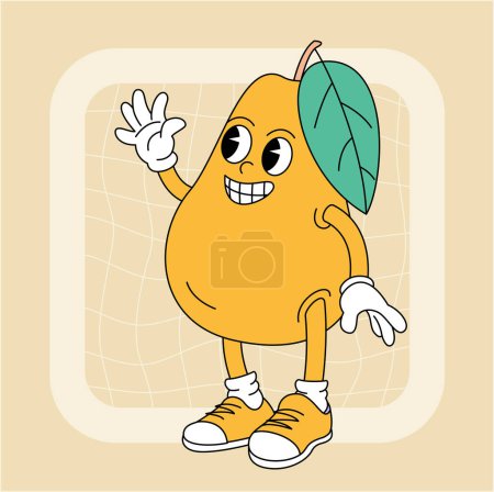 Vintage groovy pear character. Fruits and vegetables retro comic collection for poster and sticker design. Retro character, hippie 70s style.