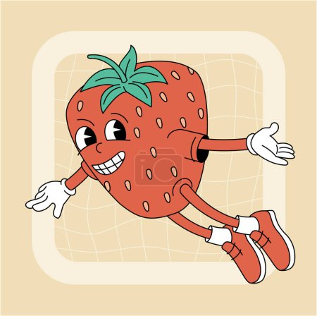 Vintage groovy strawberry character. Fruits and vegetables retro comic collection for poster and sticker design. Retro character, hippie 70s style.