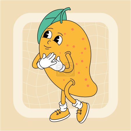 Ilustración de Vintage personaje de mango maravilloso. Colección de cómics retro de frutas y verduras para el diseño de pósters y pegatinas. Personaje retro, estilo hippie de los 70. - Imagen libre de derechos