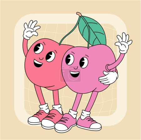 Vintage groovy cherry characters. Fruits and vegetables retro comic collection for poster and sticker design. Retro character, hippie 70s style.