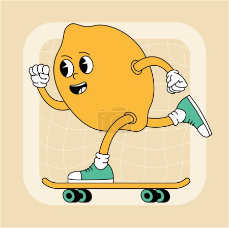 Vintage groovy lemon character. Fruits and vegetables retro comic collection for poster and sticker design. Retro character, hippie 70s style.