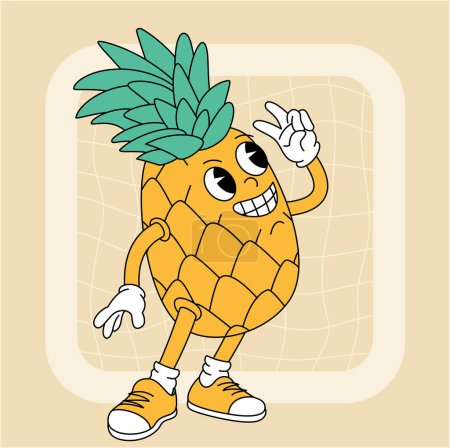 Vintage groovy pineapple character. Fruits and vegetables retro comic collection for poster and sticker design. Retro character, hippie 70s style.