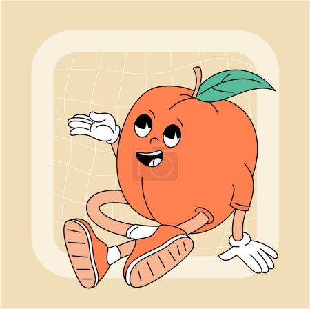 Photo for Vintage groovy peach character. Fruits and vegetables retro comic collection for poster and sticker design. Retro character, hippie 70s style. - Royalty Free Image