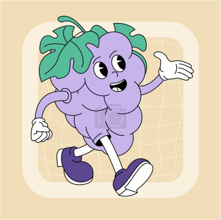 Vintage groovy grapes character. Fruits and vegetables retro comic collection for poster and sticker design. Retro character, hippie 70s style.