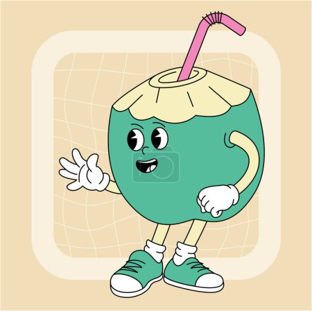 Illustration for Vintage groovy green coconut character. Fruits and vegetables retro comic collection for poster and sticker design. Retro character, hippie 70s style. - Royalty Free Image
