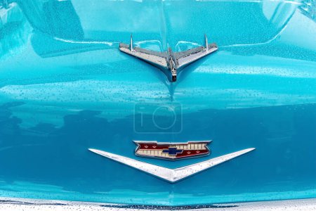 Photo for WETTENBERG, HESSE, GERMANY - 07 - 28 - 2023: Logo from Classic Light Blue Chevrolet Belair in detail on a Car Show Golden Oldies in Krofdorf- Gleiberg, near Giessen, Hesse. - Royalty Free Image