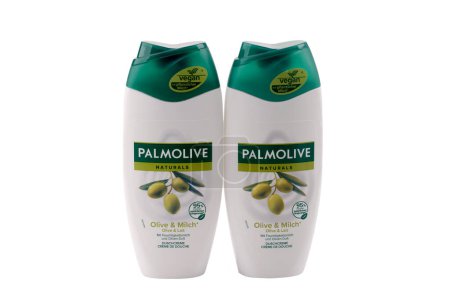 Photo for HUETTENBERG, GERMANY - MARCH 18, 2024: PALMOLIVE  shower gel bottles brand product on white background. - Royalty Free Image