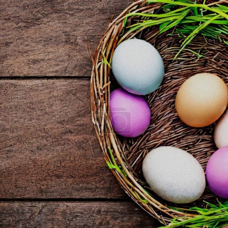 Foto de Happy Eastern Greetings with Eggs and a bunny - Imagen libre de derechos