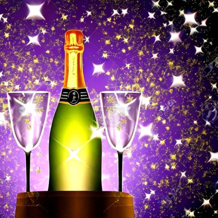 Foto de Champagne glasses with a glass of wine and a bottle of sparkling fireworks - Imagen libre de derechos