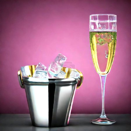 Téléchargez les photos : Champagne in glass with ice cubes on pink background - en image libre de droit
