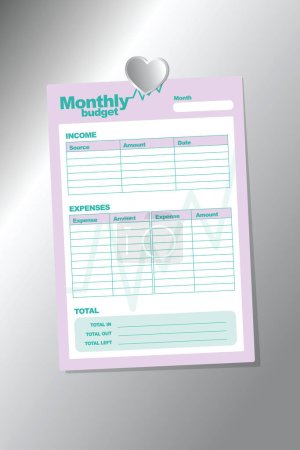 Ilustración de Plantilla de planificador de presupuesto mensual con imán de forma de corazón plateado en superficie de fondo plateado - Imagen libre de derechos