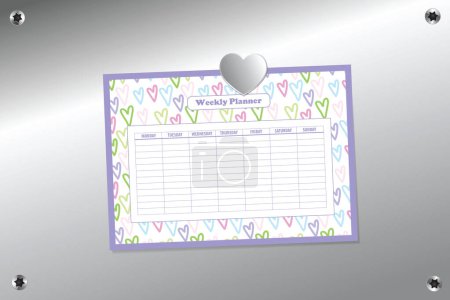 Illustration for Weekly planner template with silver heart shape magnet on silver pin board background surface with torx screws - Royalty Free Image