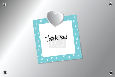 Illustration for Thank you note paper template with heart magnet on silver pin board background surface with torx screws - Royalty Free Image