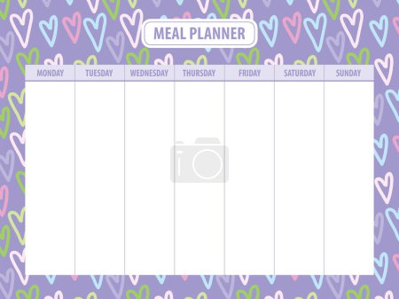 Illustration for Weekly meal planner blank template with colorful heart background - Royalty Free Image