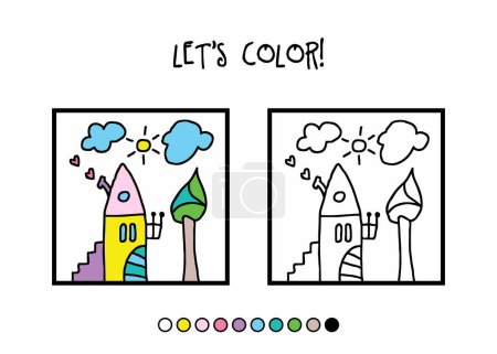 Téléchargez les illustrations : Maison colorée. À la maison. On colore. Activité de couleur pour les enfants. Imprimable. - en licence libre de droit